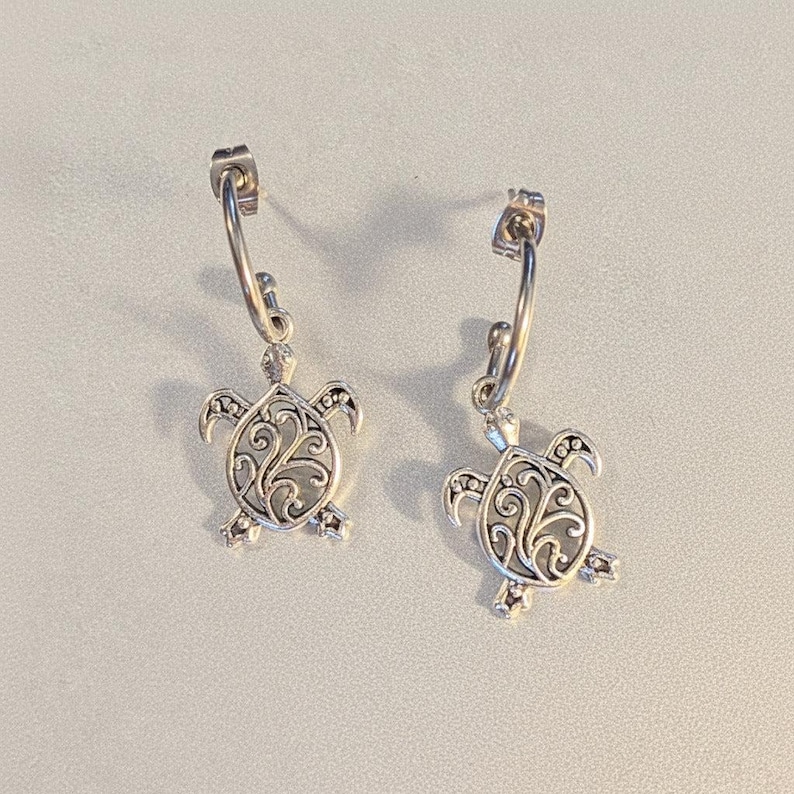 Sea Turtle Hoop Earrings, Silver - 16mm - - LadybugfeetDesigns -
