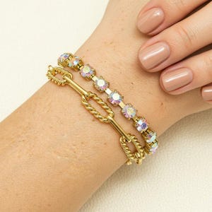 Gold Paperclip Layered Faceted Crystal Bracelet - - LadybugfeetDesigns -