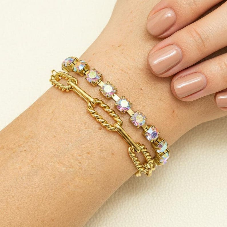 Gold Paperclip Layered Faceted Crystal Bracelet - - LadybugfeetDesigns -
