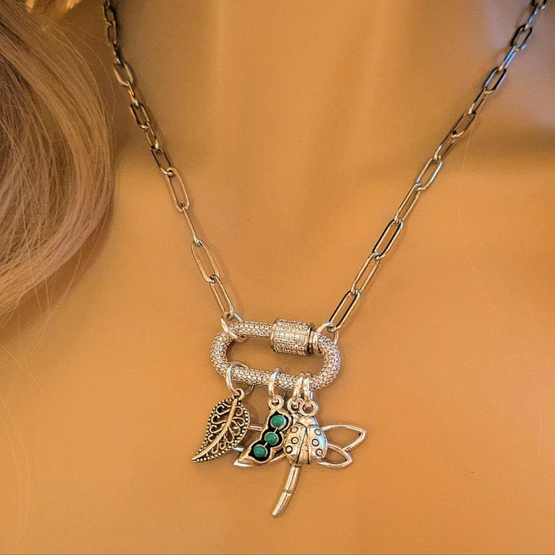 Large Dragonfly, Garden Friends Carabiner Necklace, Silver - Adjusts up to 20 inches - - LadybugfeetDesigns -