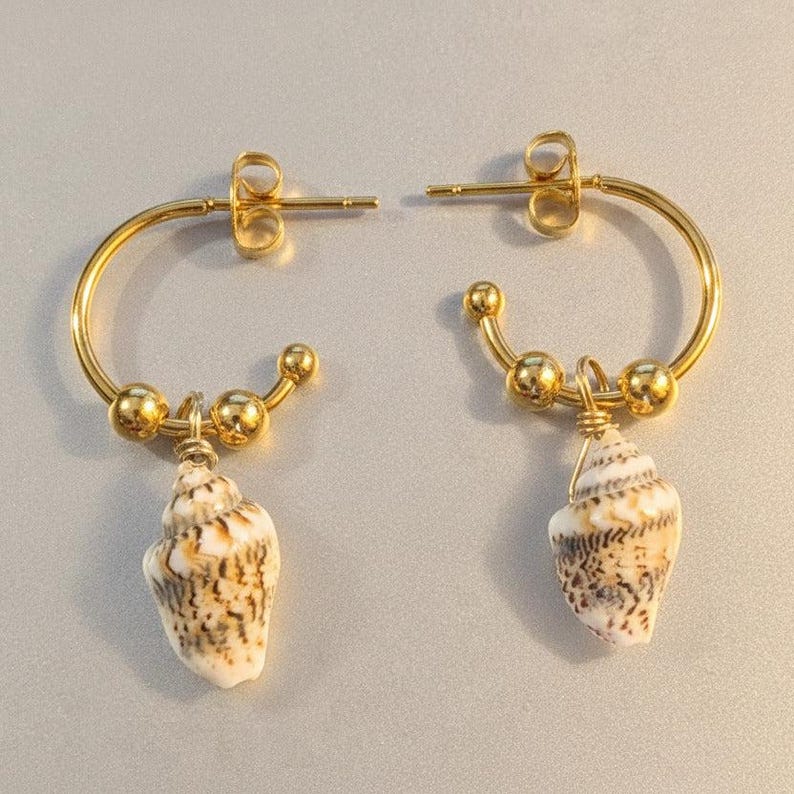 Genuine Conch Shell Hoop Earrings, Gold - 16mm - - LadybugfeetDesigns -