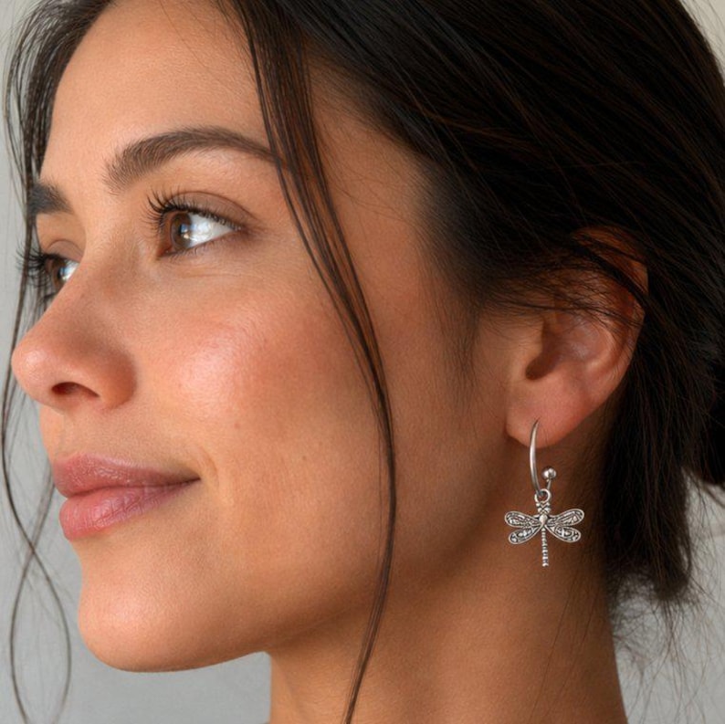 Dragonfly Hoop Earrings, Silver - 16mm - - LadybugfeetDesigns -