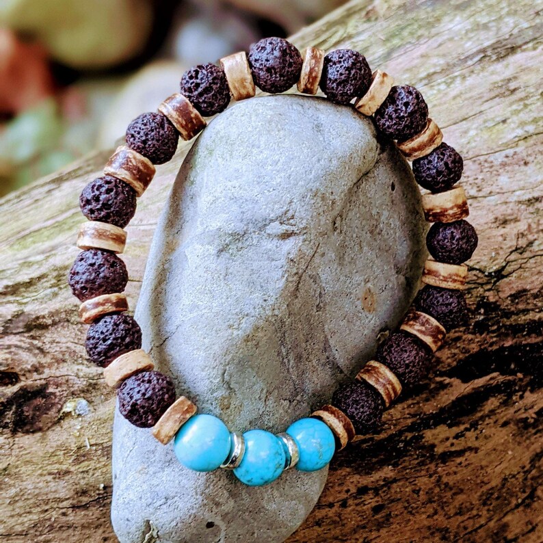Turquoise Gemstone Lava Bead Stretch bracelet-December Birthstone - - LadybugfeetDesigns -