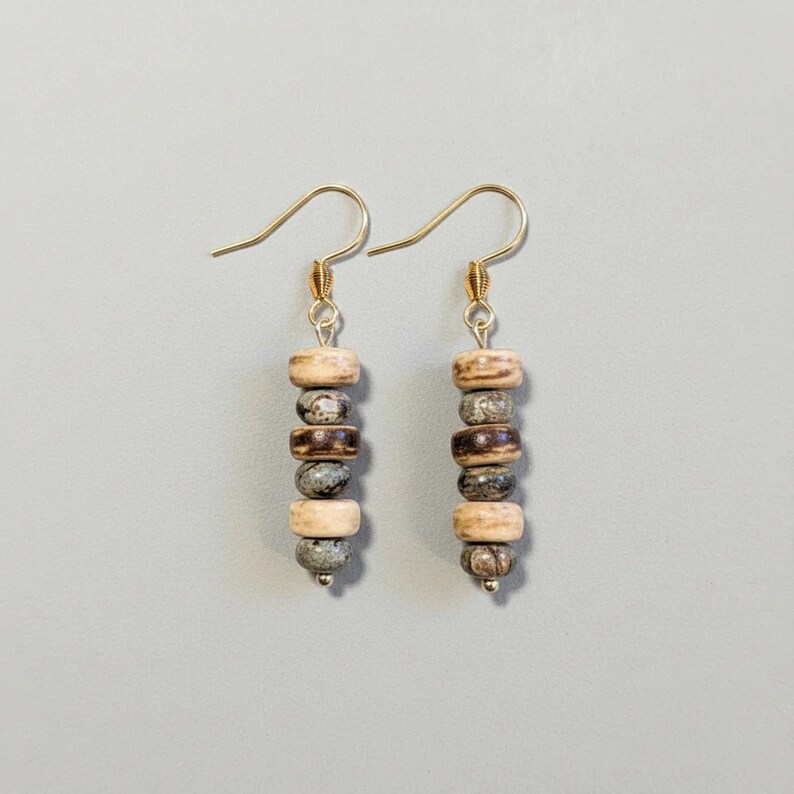 Leopard Skin Jasper Beaded Hook Earrings, Gold - - LadybugfeetDesigns -