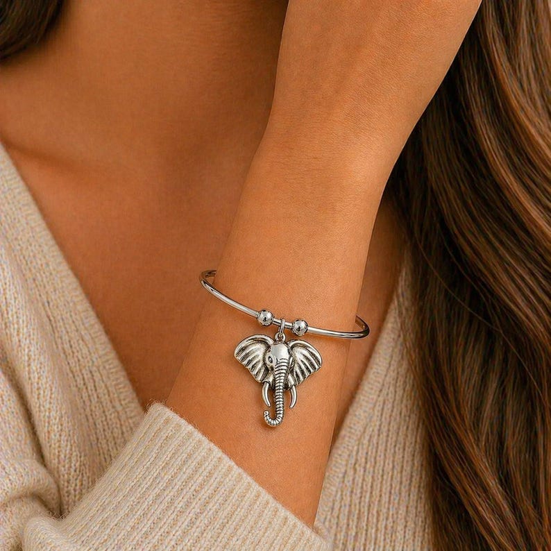Elephant Euro Bangle Cuff, Silver - - LadybugfeetDesigns -