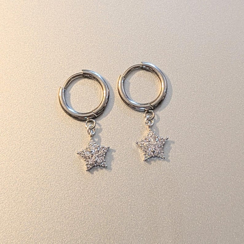 Sparkly CZ Star Hoop earrings, Silver - 10mm - - LadybugfeetDesigns -