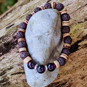Dark Amethyst Gemstone Lava Bead Stretch bracelet-FEBRUARY Birthstone - - LadybugfeetDesigns -