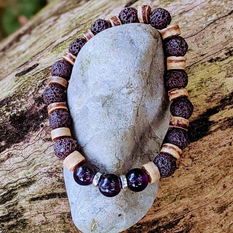 Dark Amethyst Gemstone Lava Bead Stretch bracelet-FEBRUARY Birthstone - - LadybugfeetDesigns -
