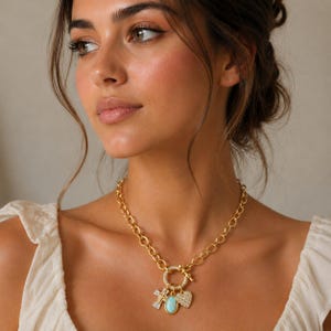 Two Tone Cross, Faux Opal and Heart Shackle Clasp Carabiner Necklace, Gold - Adjusts up to 20 inches - - LadybugfeetDesigns -