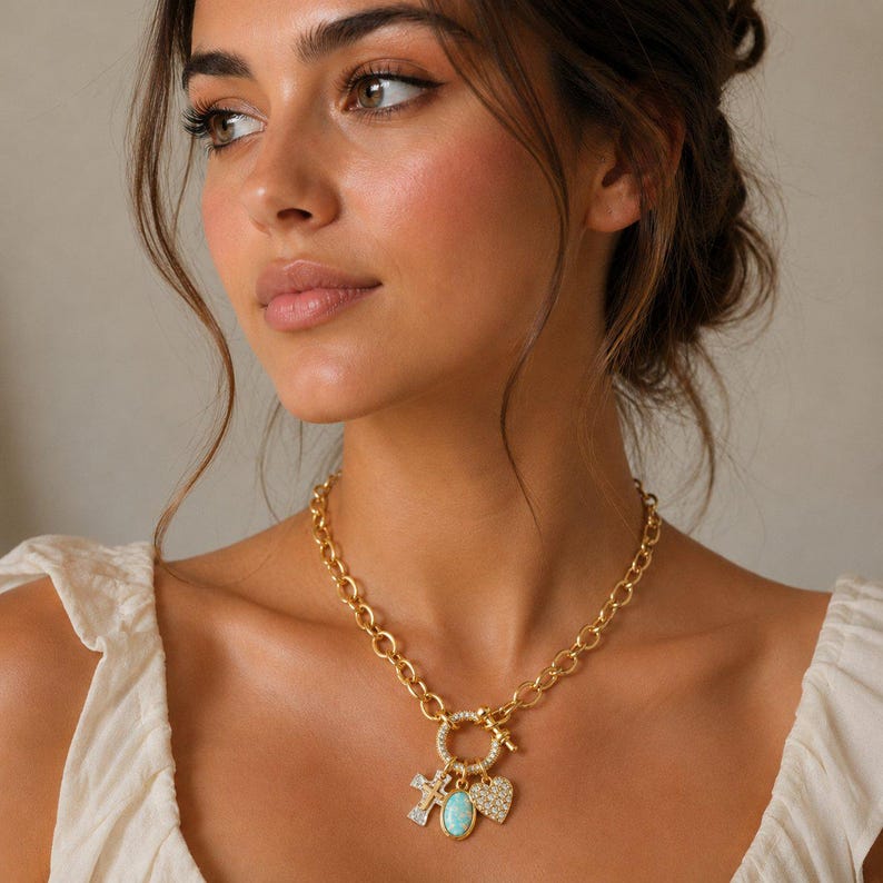 Two Tone Cross, Faux Opal and Heart Shackle Clasp Carabiner Necklace, Gold - Adjusts up to 20 inches - - LadybugfeetDesigns -