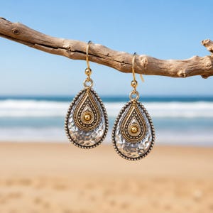 Hammered Two-Tone Boho Teardrop Hook Earrings, Gold - - LadybugfeetDesigns -