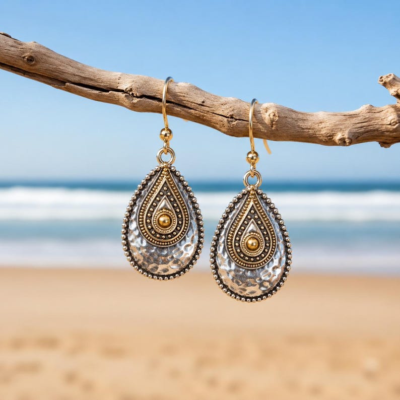 Hammered Two-Tone Boho Teardrop Hook Earrings, Gold - - LadybugfeetDesigns -