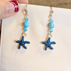 Blue Starfish Larimar Beaded Hook Earrings, Silver - - LadybugfeetDesigns -