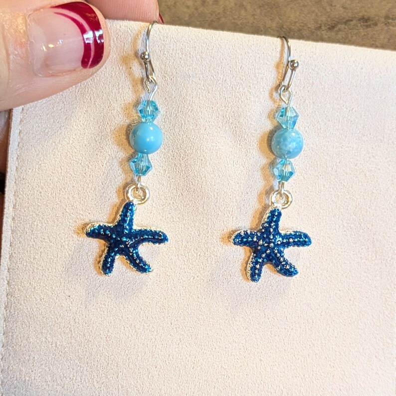 Blue Starfish Larimar Beaded Hook Earrings, Silver - - LadybugfeetDesigns -