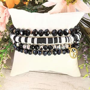 Black Crystal Peace Sign Stretch Bracelet Stack - - LadybugfeetDesigns -