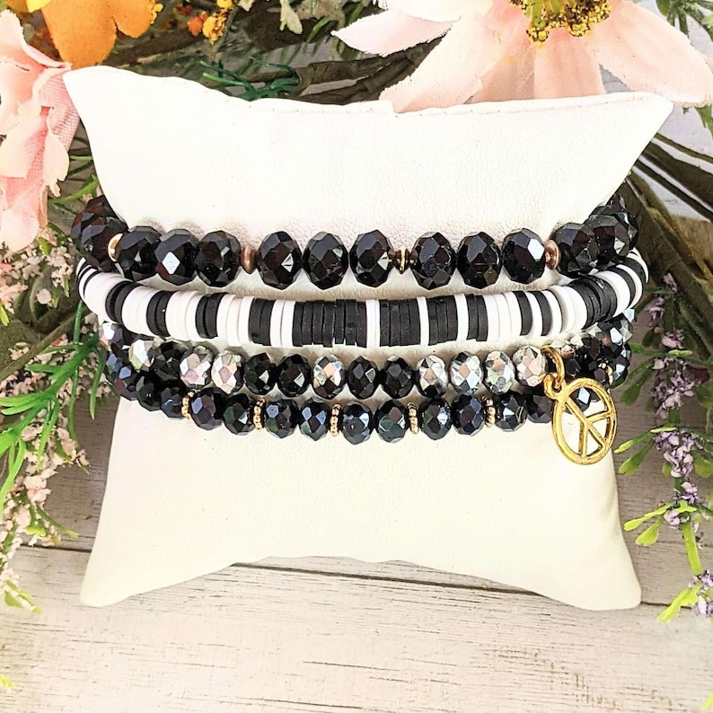 Black Crystal Peace Sign Stretch Bracelet Stack - - LadybugfeetDesigns -