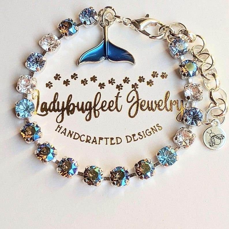 Whale/Dolphin Tail Faceted Crystal Bracelet, Silver - - LadybugfeetDesigns -