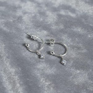 CZ Diamond Mini Hoop Huggie Earrings, Silver- 12mm - - LadybugfeetDesigns -