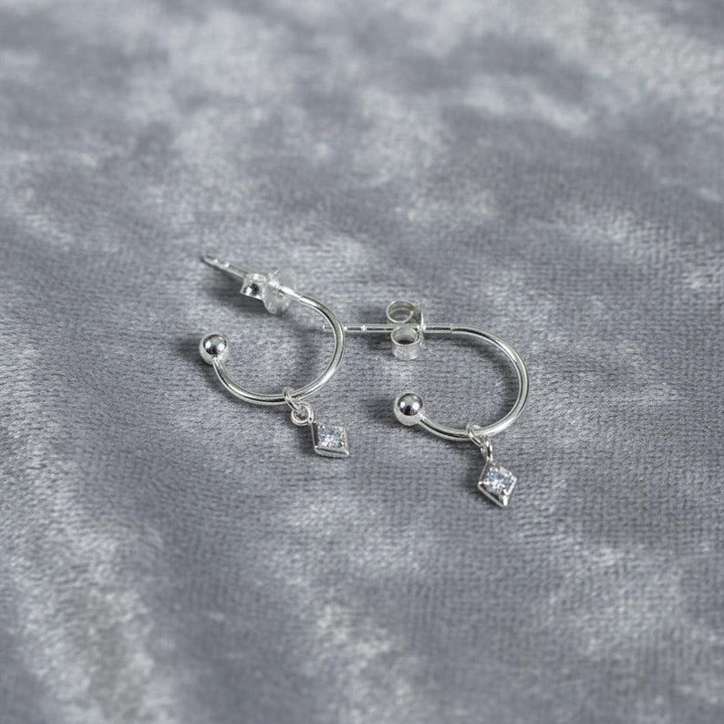CZ Diamond Mini Hoop Huggie Earrings, Silver- 12mm - - LadybugfeetDesigns -