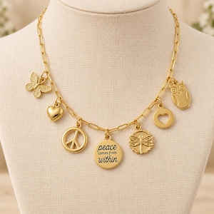 Peace Comes from Within Multi Charm Link Necklace, Gold- 20 inch - - LadybugfeetDesigns -
