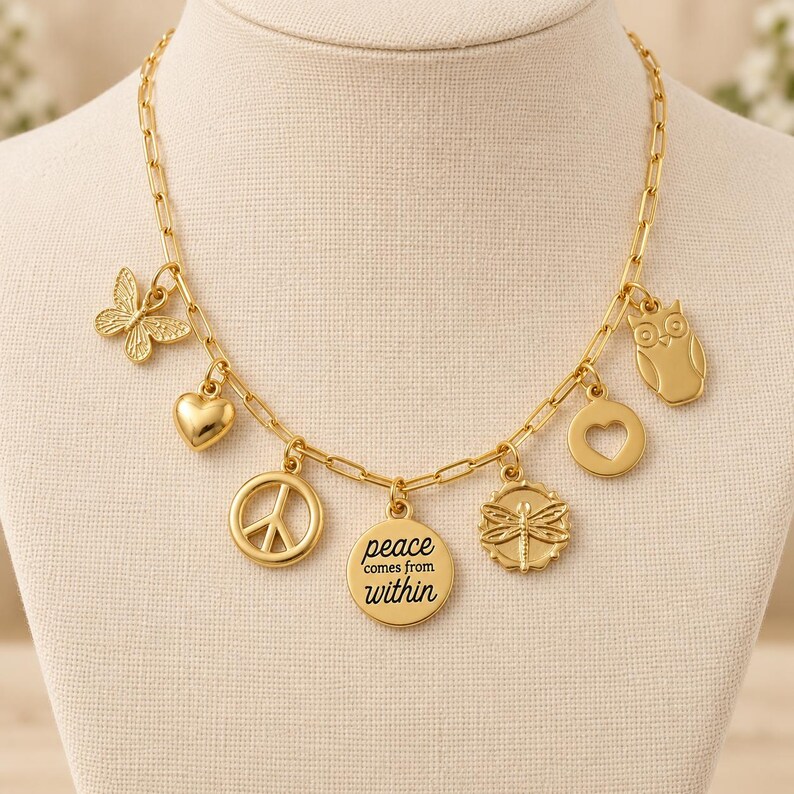 Peace Comes from Within Multi Charm Link Necklace, Gold- 20 inch - - LadybugfeetDesigns -