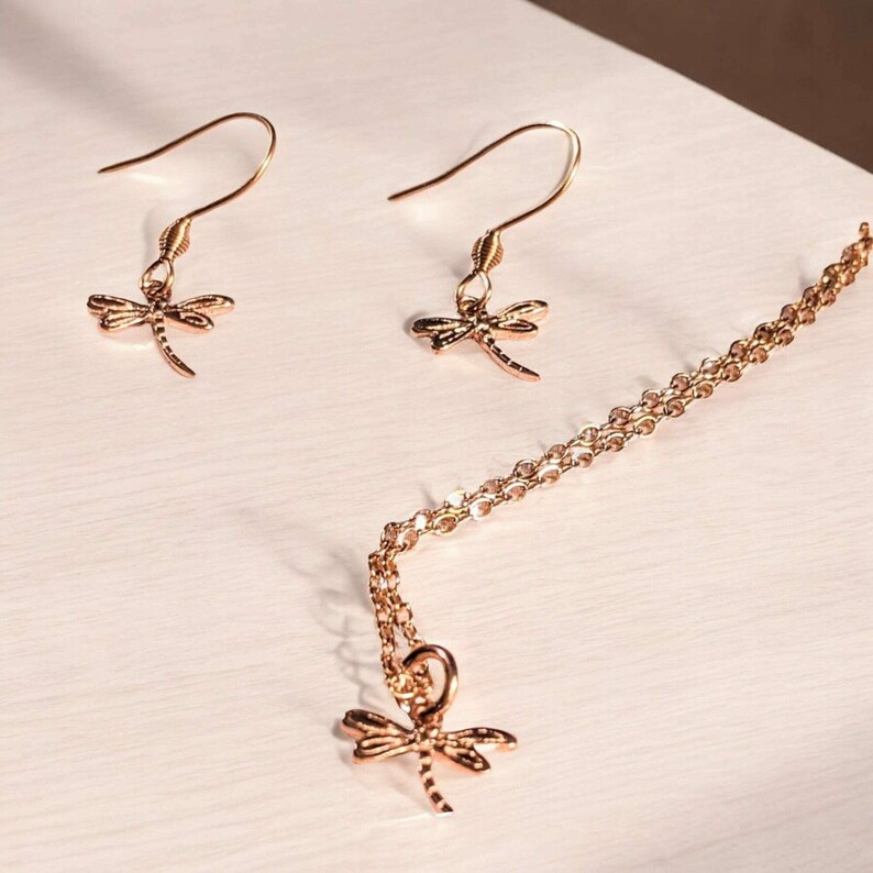Dragonfly Rose Gold necklace/earrings set, 18 inch - - LadybugfeetDesigns -