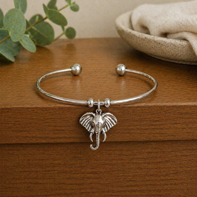 Elephant Euro Bangle Cuff, Silver - - LadybugfeetDesigns -