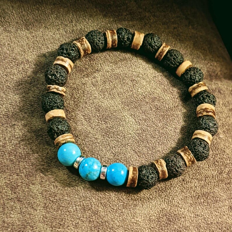 Turquoise Gemstone Lava Bead Stretch bracelet-December Birthstone - - LadybugfeetDesigns -