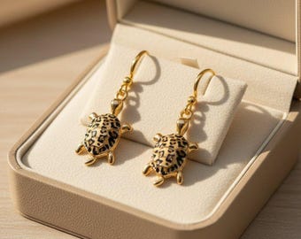 Leopard Skin Turtle Earrings, Gold