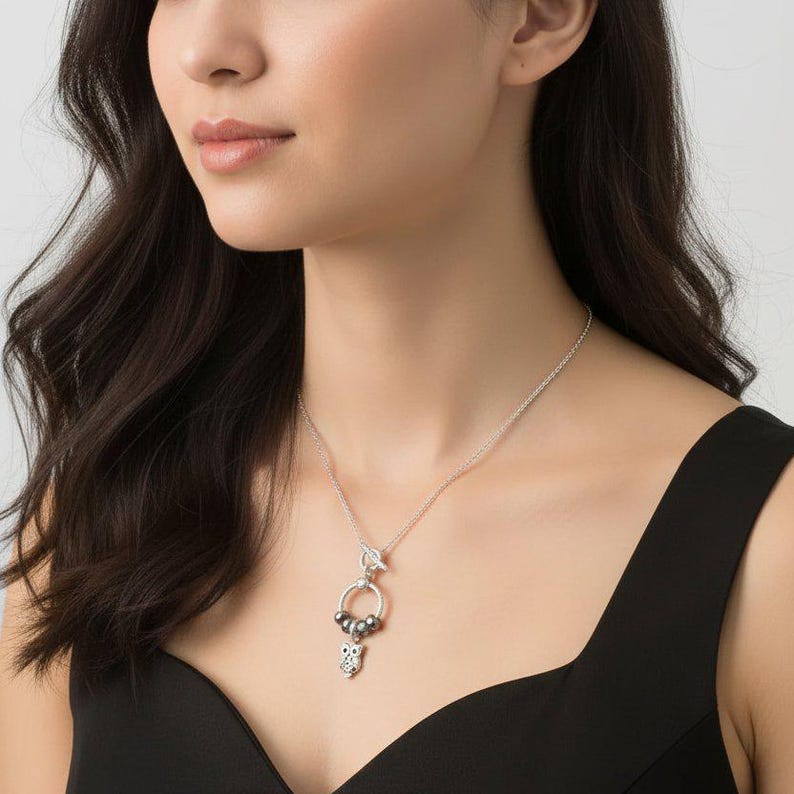 Pretty Owl Sterling Silver Toggle Charm Necklace, 20 inches - - LadybugfeetDesigns -