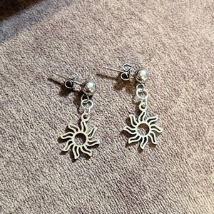 Fiery Sun Charm Drop Stud Earrings-Silver - - LadybugfeetDesigns -