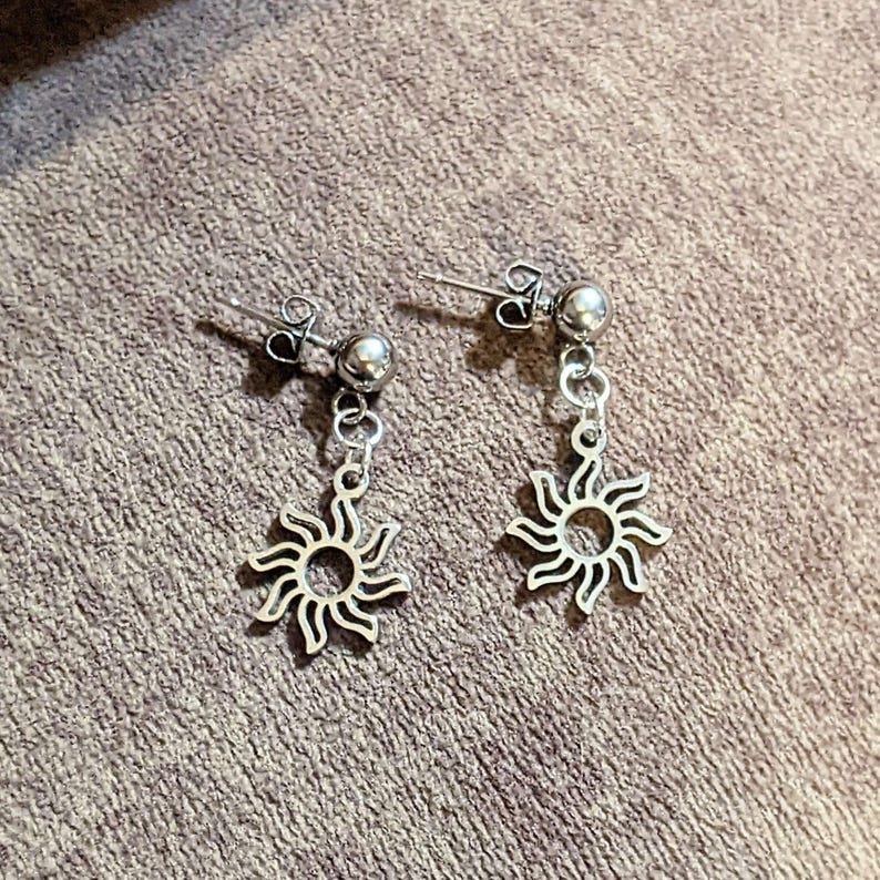 Fiery Sun Charm Drop Stud Earrings-Silver - - LadybugfeetDesigns -