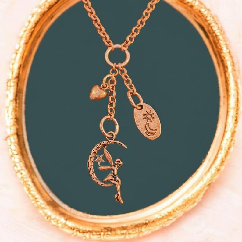 Fairy Moon Copper Charm Keeper Necklace, 18-24 inch - - LadybugfeetDesigns -