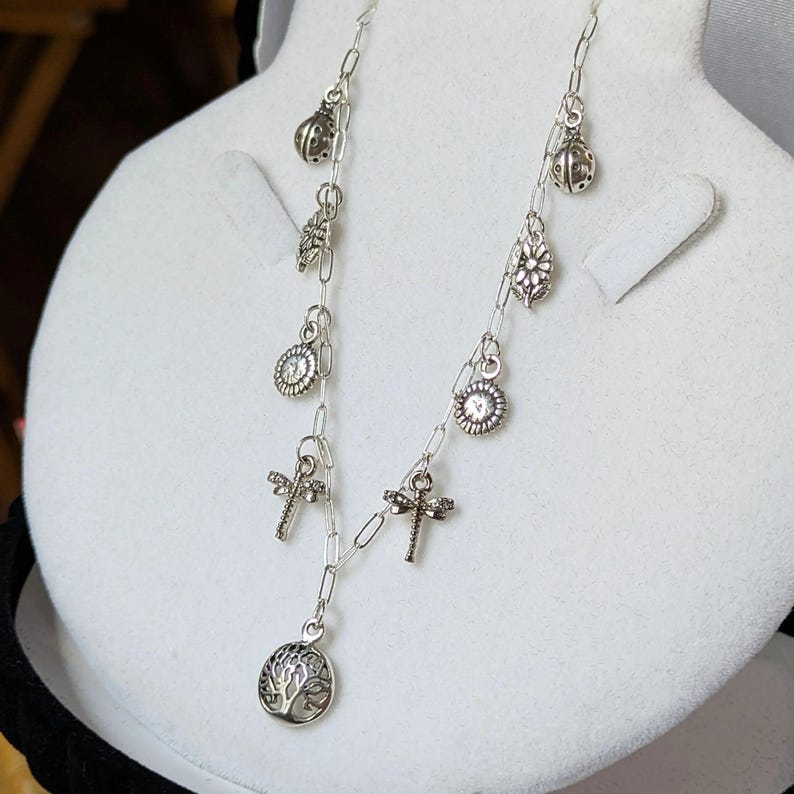 Nature Lover Multi Charm Link Necklace, .925 Sterling Silver - 20 inch - - LadybugfeetDesigns -
