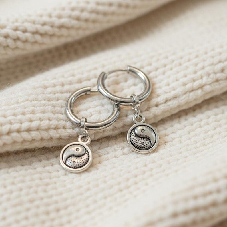 Yin Yang Huggie Hoop earrings, 12mm Hoop Drop - - LadybugfeetDesigns -