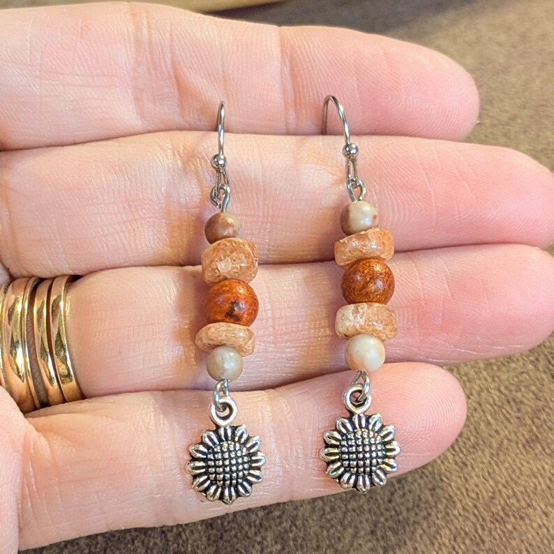 Sunflower Beaded Sunstone Hook Earrings, Silver - - LadybugfeetDesigns -