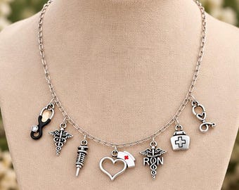 Nursing Multi Charm Link Necklace, Silver - 20 inch