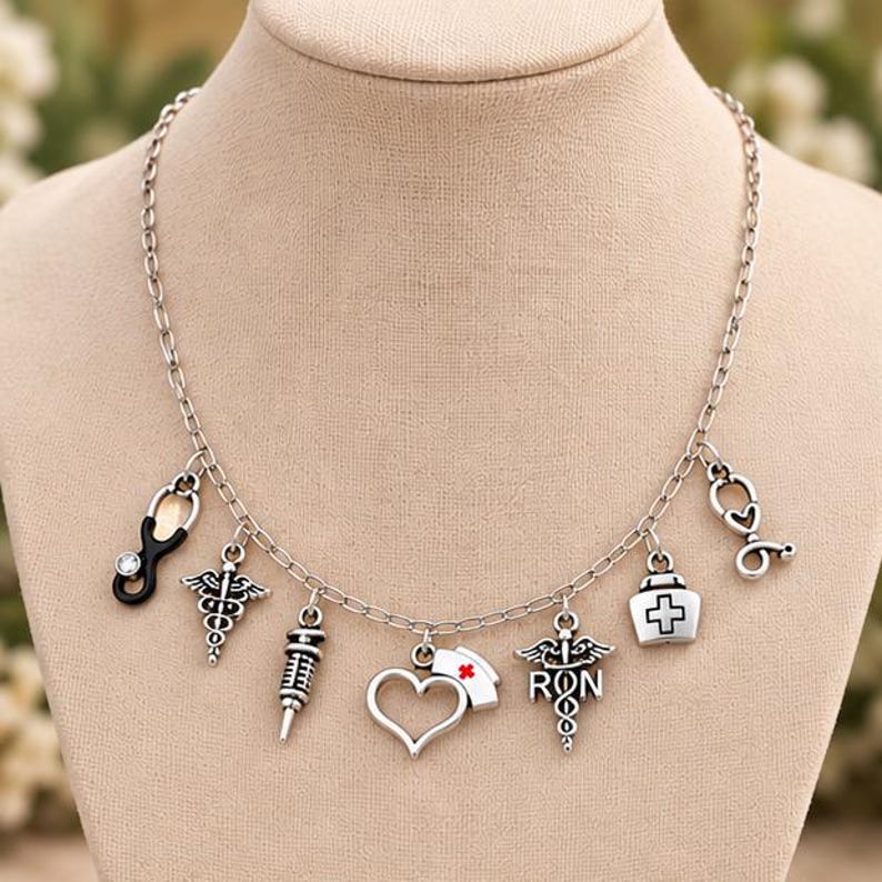 Nursing Multi Charm Link Necklace, Silver - 20 inch - - LadybugfeetDesigns -