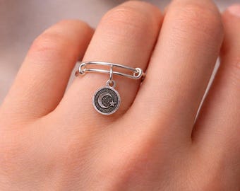 Crescent Moon Star Charm Ring