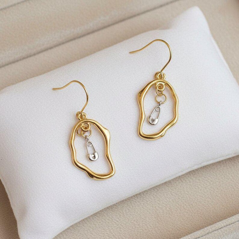 Safety Pin Two-Tone dangle earrings, Gold - - LadybugfeetDesigns -