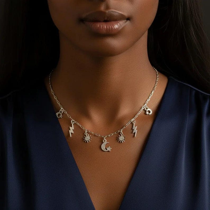 Celestial Multi Charm Link Necklace, .925 Sterling Silver - 20 inch - - LadybugfeetDesigns -
