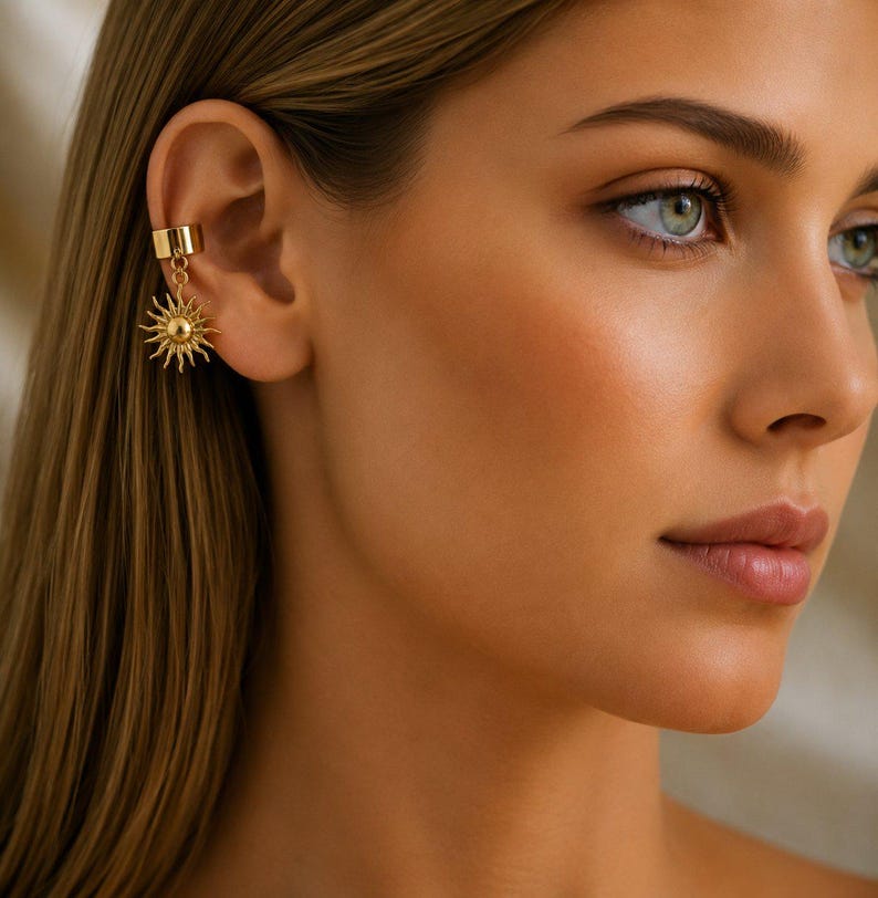 Celestial Sun Ear Cuff, Gold - - LadybugfeetDesigns -