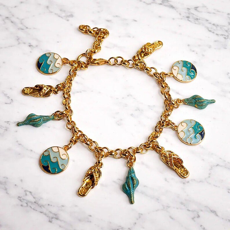 Enamel Seashell, Wave, Flip flop Charm Bracelet - - LadybugfeetDesigns -