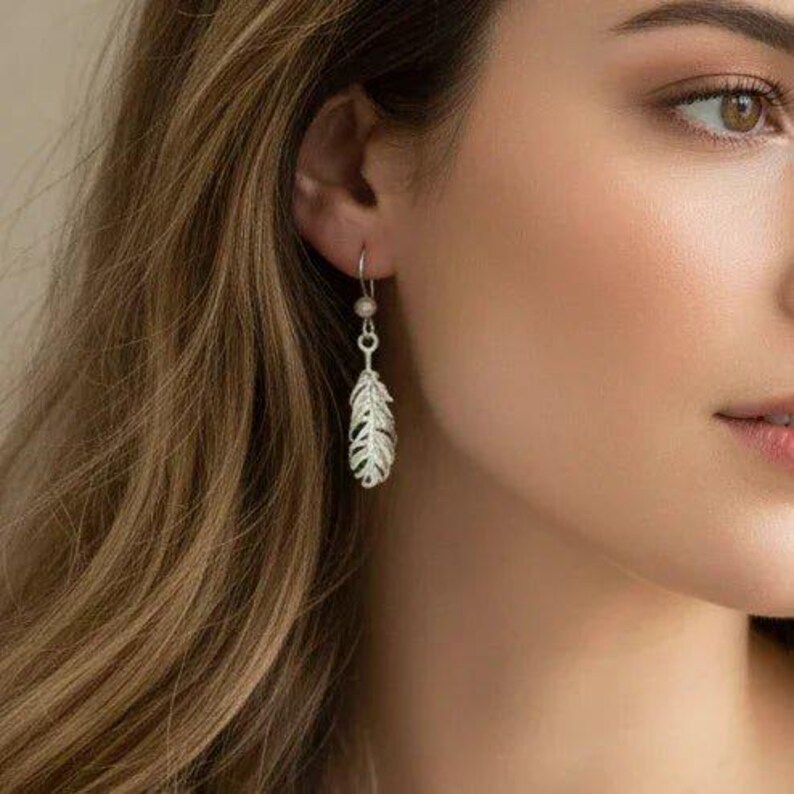Feather Sterling Silver dangle earrings - - LadybugfeetDesigns -