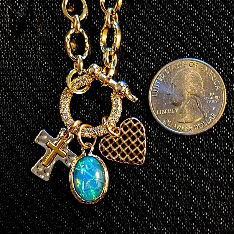 Two Tone Cross, Faux Opal and Heart Shackle Clasp Carabiner Necklace, Gold - Adjusts up to 20 inches - - LadybugfeetDesigns -