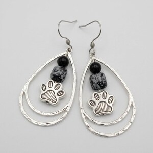 Dog/Cat Paw Black Beaded Hammered Teardrop Hook Earrings, Silver - - LadybugfeetDesigns -