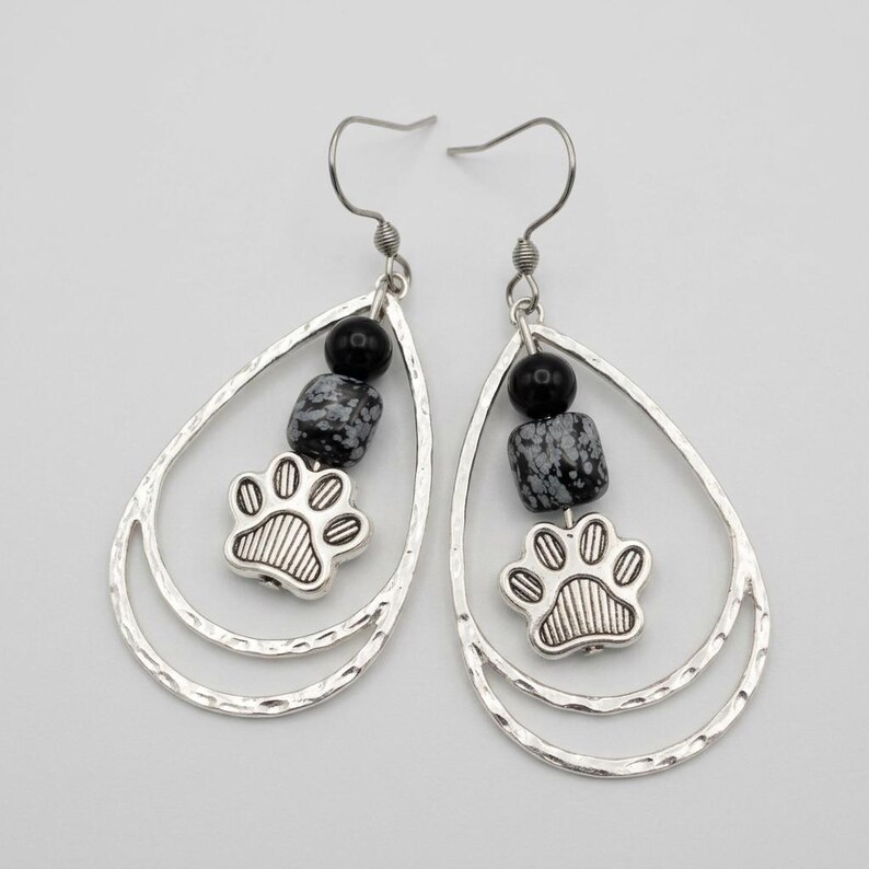 Dog/Cat Paw Black Beaded Hammered Teardrop Hook Earrings, Silver - - LadybugfeetDesigns -