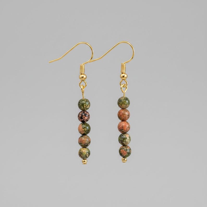 Unakite Beaded Hook Earrings, Gold - - LadybugfeetDesigns -