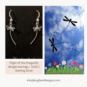 Flight of the Dragonfly dangle earrings - Gold / Sterling Silver - - LadybugfeetDesigns -