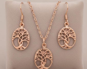 Tree of Life Rose Gold necklace earrings set,18 inch